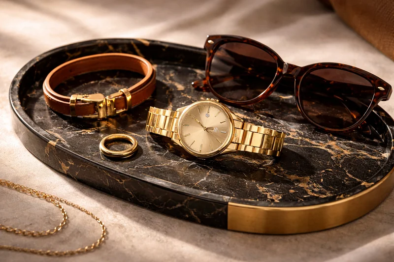 Gold watch, leather bracelet, tortoiseshell sunglasses and ring on dark marble tray - Shop Accessories at LuxZoe