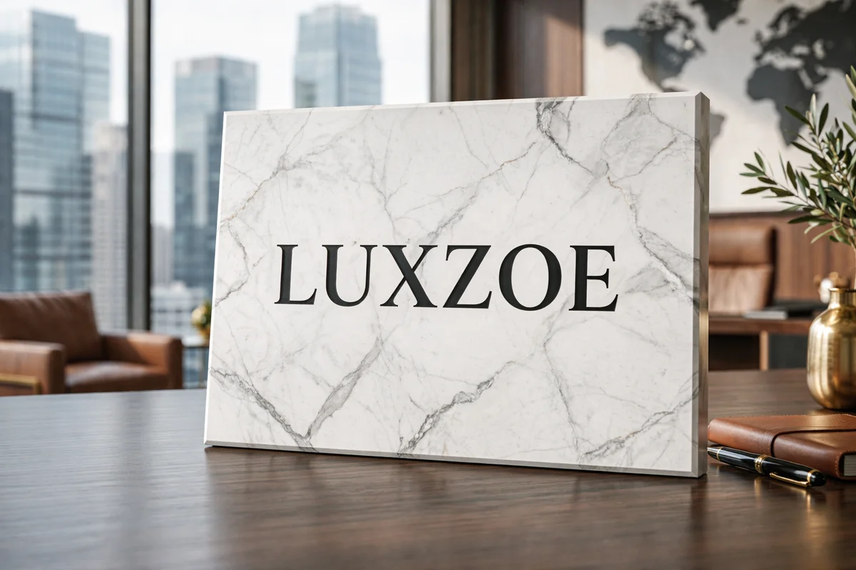 LuxZoe marble sign on executive desk in modern office with city skyline view